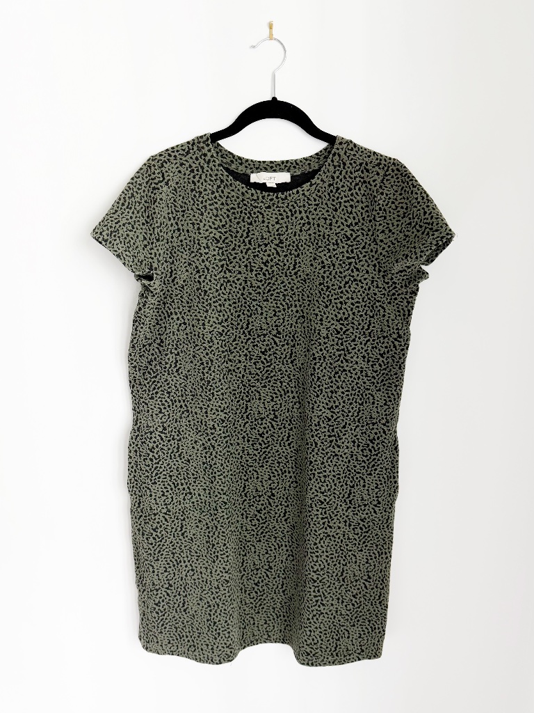Loft Women’s Large Olive Green Black Animal Print Short Sleeve T-Shirt Dress